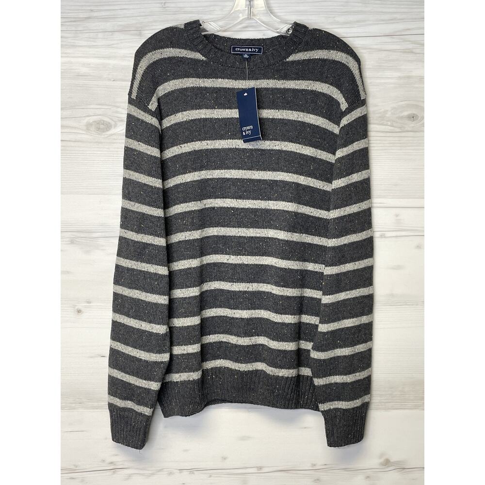 Crown & Ivy Sweater Mens XL‎ Dark Gray Heather Striped Pullover Crewneck NWT
